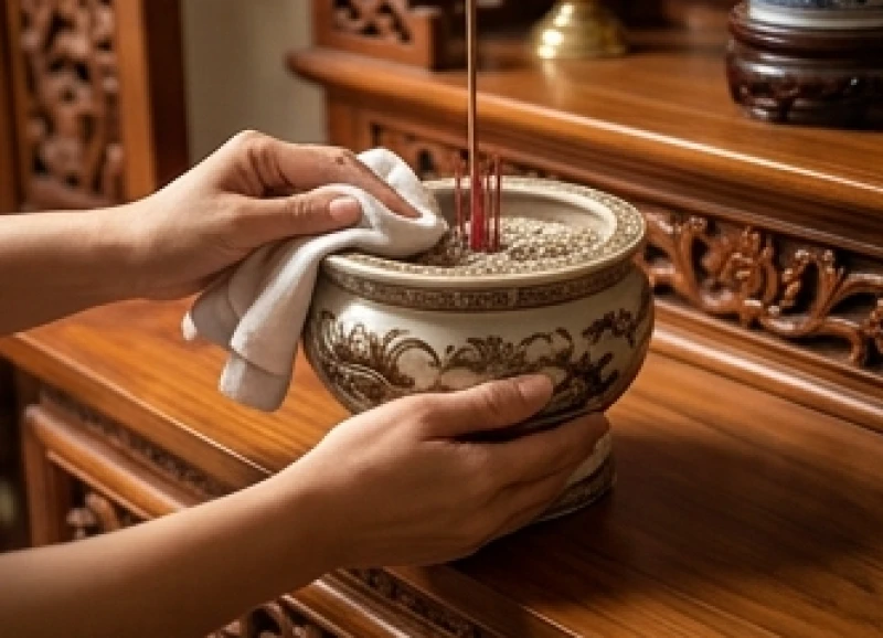 Đôi bàn tay cẩn thận dùng khăn sạch lau viền miệng bát hương gốm sứ trên bàn thờ