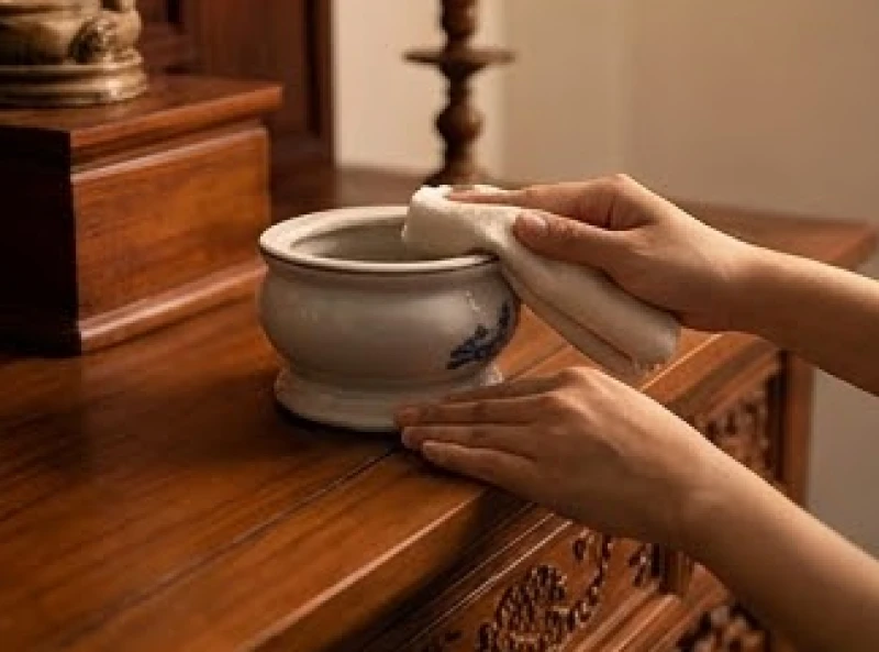 Bát hương rung là điềm gì: Phân biệt nguyên nhân & cách an vị 6 Gia chủ cẩn thận dùng khăn sạch chuẩn bị lau dọn và sái tịnh bát hương bị xê dịch khỏi vị trí