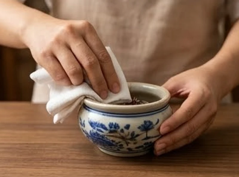 Một tay giữ chặt bát hương, tay kia dùng khăn lau nhẹ xung quanh để tránh làm động bát hương khi dọn dẹp