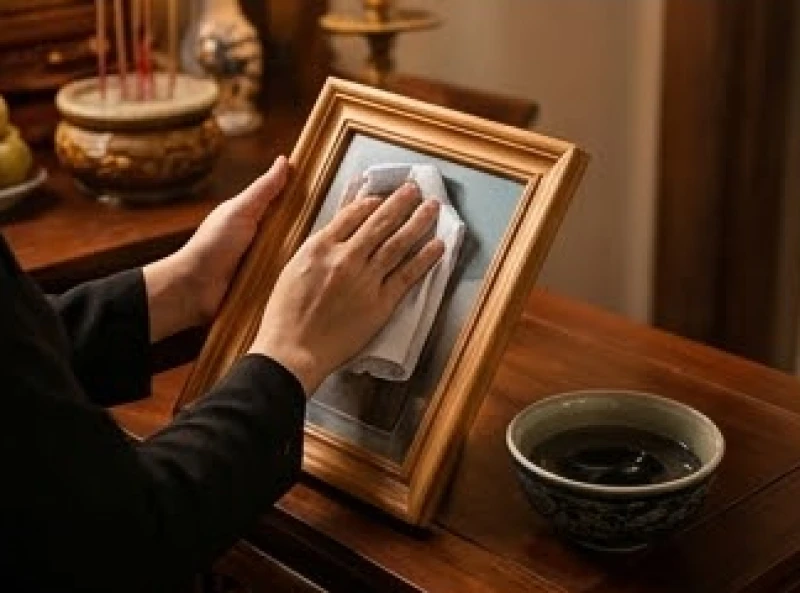Hai bàn tay nhẹ nhàng dùng khăn sạch lau khung ảnh thờ của chồng để chuẩn bị đưa lên bàn thờ chính