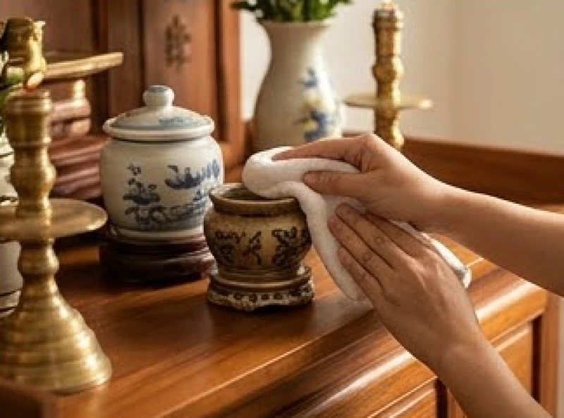 Gia chủ dùng khăn mềm cẩn thận lau chùi chóe thờ và các vật phẩm tâm linh