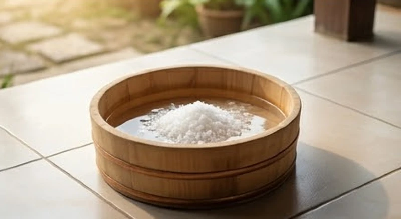 Chậu nước ấm pha muối hột được dùng để lau dọn khu vực trước hiên nhà giúp thanh tẩy năng lượng xấu