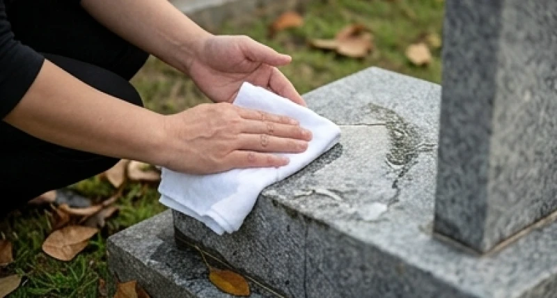 Đôi bàn tay cẩn thận dùng chiếc khăn sạch lau nhẹ những lớp bụi và lá rụng trên bia đá của ngôi mộ