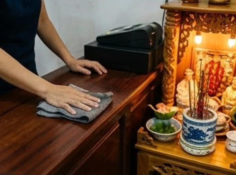 Lau dọn quầy thu ngân bằng nước ngũ vị thảo mộc để thanh tẩy uế khí