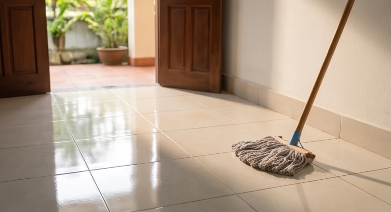 Khu vực sàn gạch và góc nhà được lau chùi sạch sẽ bằng dung dịch sát khuẩn sau khi lùa con vật đi