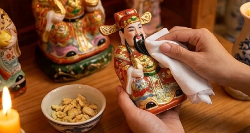 Đôi bàn tay dùng khăn mới thấm nước rượu gừng lau sạch bức tượng Thần Tài bằng gốm sứ tinh xảo