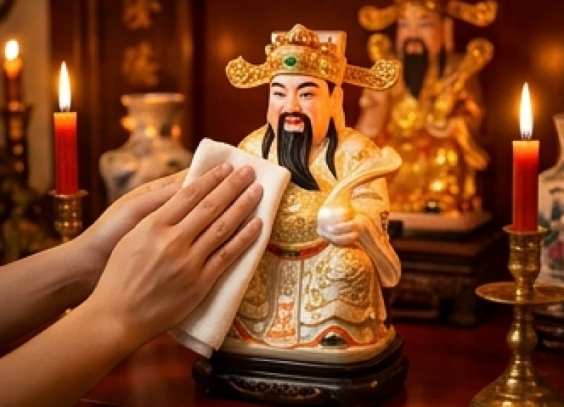 Dùng khăn sạch ẩm lau nhẹ nhàng các nếp gấp trên áo tượng Thần Tài Thổ Địa