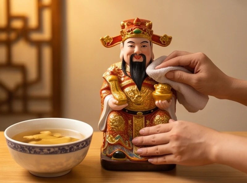 Lau chùi tượng Thần Tài và Thổ Địa cẩn thận bằng khăn sạch và nước gừng ấm thanh tẩy