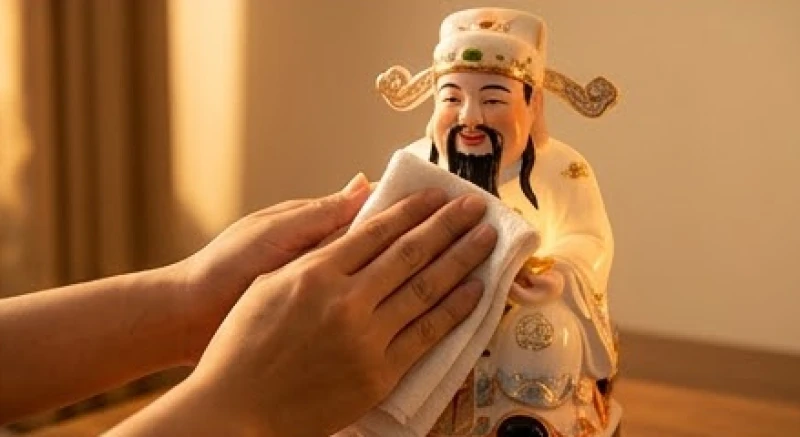 Gia chủ dùng khăn sạch mềm thấm nước gừng ấm lau cẩn thận từng chi tiết trên bức tượng Thần Tài