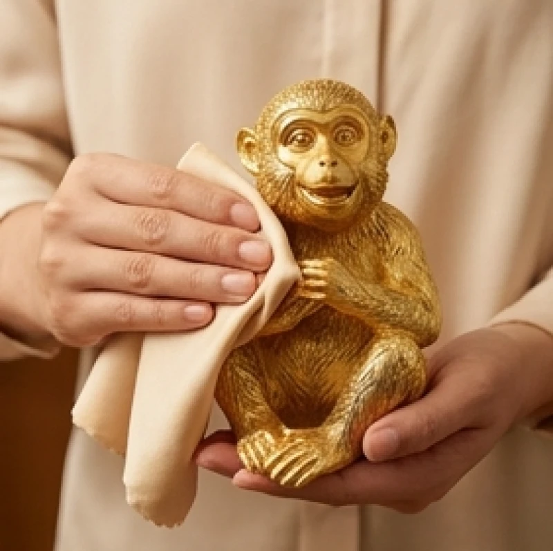 Dùng khăn lụa sạch thấm khô cẩn thận mọi vệt nước trên bề mặt tượng khỉ