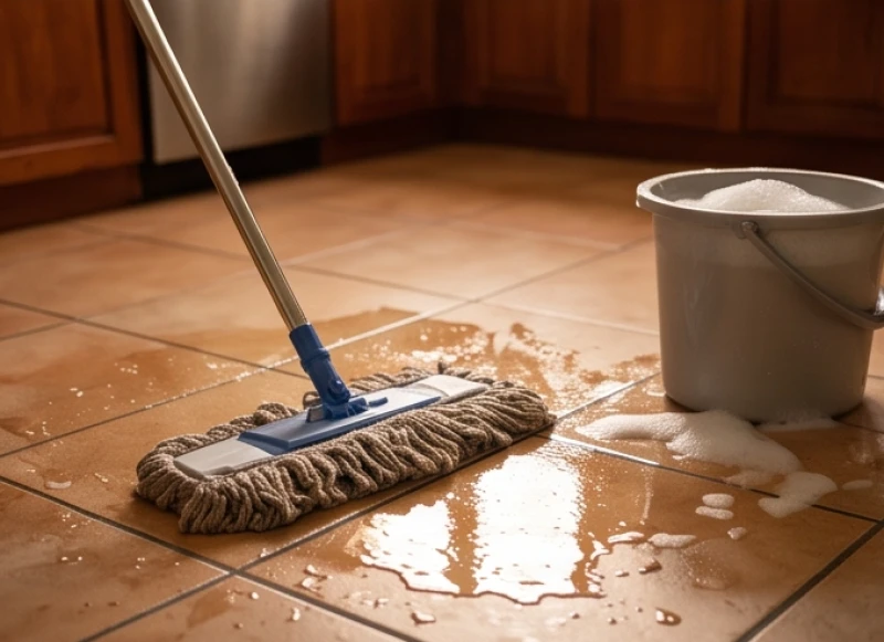 Cây lau nhà ẩm đang chà sát cẩn thận dọc theo các đường ron trên mặt sàn gạch men để loại bỏ hoàn toàn mảng bám