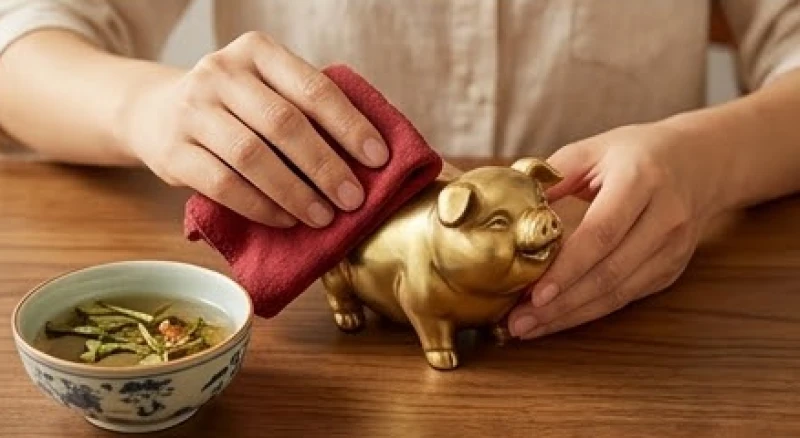 Tượng con lợn phong thủy hợp tuổi Hợi: cách chọn chuẩn Ngũ hành 6 Hai bàn tay dùng chiếc khăn màu đỏ tẩm nước thảo mộc cẩn thận lau sạch bề mặt tượng lợn