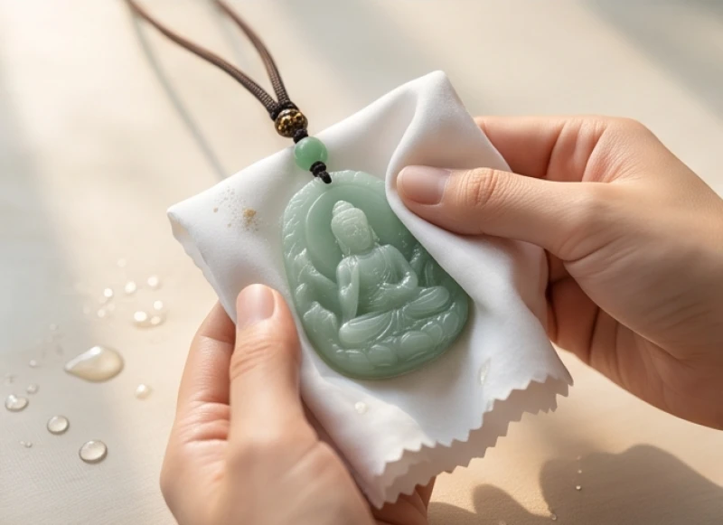 Bàn tay dùng khăn mềm thấm nước thảo mộc nhẹ nhàng lau sạch bề mặt khánh treo xe bằng ngọc