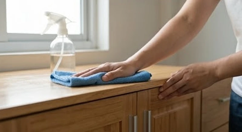 Dùng khăn vi sợi miết mạnh theo một chiều trên bề mặt gỗ công nghiệp để lấy đi mùi hôi đặc trưng
