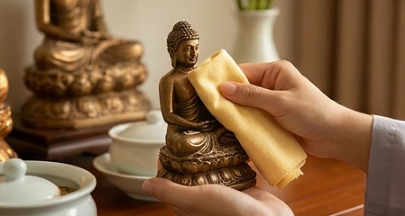 Hai tay dùng chiếc khăn mềm sạch cẩn thận lau chùi từng chi tiết trên tôn tượng Bổn Sư Thích Ca bằng đồng