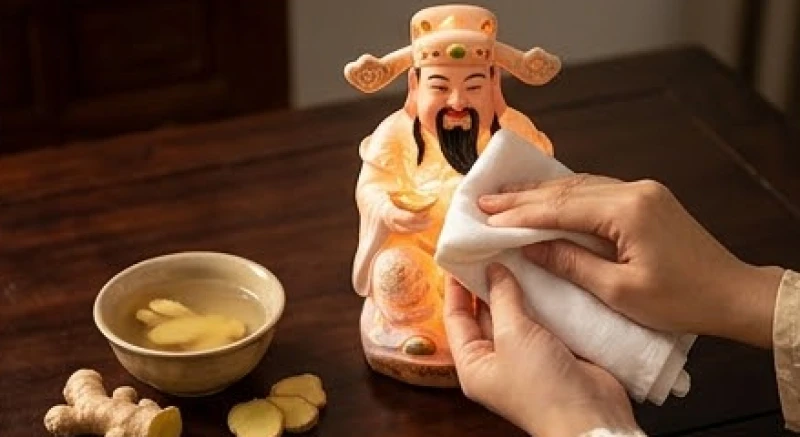 Dùng khăn sạch nhúng nước gừng ấm để lau rửa cẩn thận bề mặt tượng Thần Tài và Thổ Địa