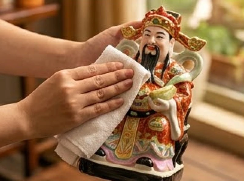 Bàn tay cẩn thận dùng chiếc khăn mềm ẩm lau nhẹ nhàng bề mặt tượng Thần Tài bằng sứ bóng loáng