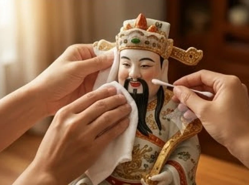 Dùng bông tăm và khăn thấm nước ngũ vị cẩn thận lau sạch từng nét chạm khắc trên mặt tượng