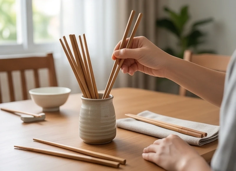 Đôi tay nhẹ nhàng lấy một đôi đũa mới từ ống đũa trên bàn ăn gia đình