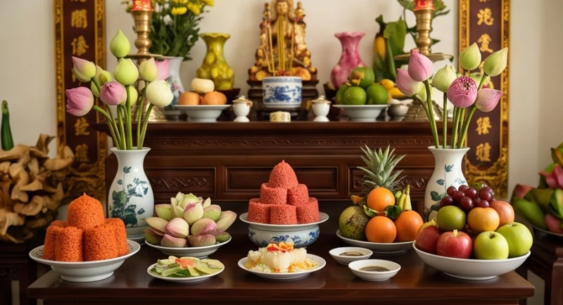Văn khấn nhận con nuôi: Hướng dẫn sắm lễ, bài cúng và xin keo 4 Lễ bán khoán tại chùa với mâm cúng chay thanh tịnh gồm hương hoa và oản đỏ