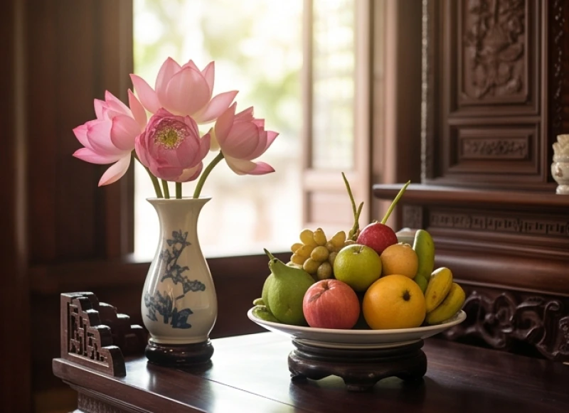 Bát hoa sen hồng nở rộ cùng đĩa quả tươi được sắp xếp cẩn thận để dâng lên chính điện thờ Tam Bảo