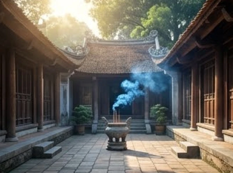 Khung cảnh bình yên tại ngôi chùa cổ kính với khói nhang mờ ảo dưới nắng mai