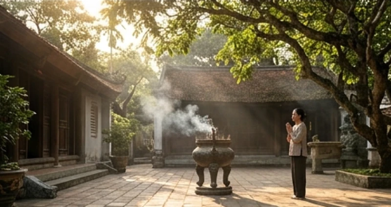 Không gian thanh tịnh tại ngôi chùa với người hành hương chắp tay cầu nguyện bình an cho gia đình.