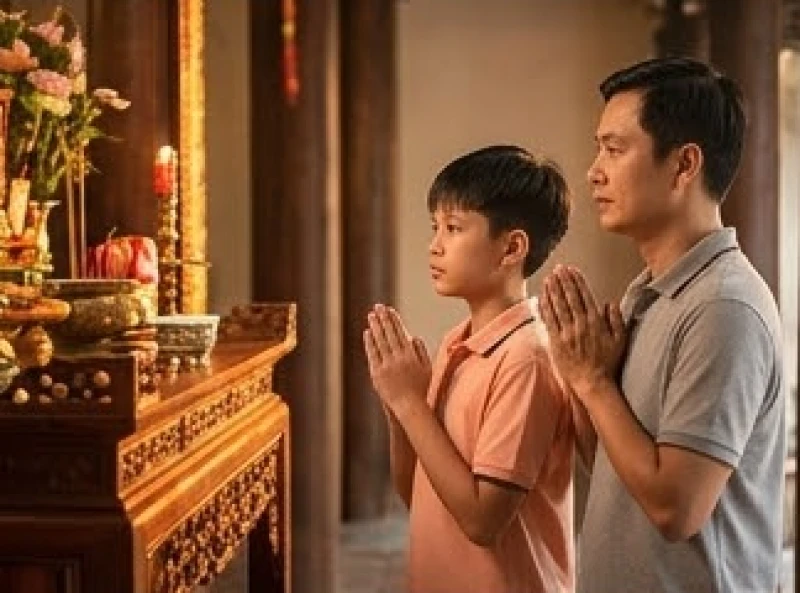 Văn khấn bán khoán con vào chùa: Sắm lễ vật và thủ tục đầy đủ 7 Thiếu niên 13 tuổi chắp tay thành kính vái lạy trước ban thờ để làm lễ chuộc khoán