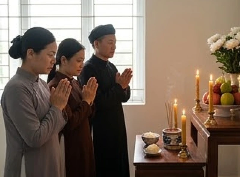 Văn khấn cầu siêu 49 ngày: Bài cúng chuẩn danh xưng cha mẹ 1 Gia đình mặc áo tràng trang nghiêm chắp tay cầu nguyện trước bàn thờ vong trong ngày lễ Chung Thất