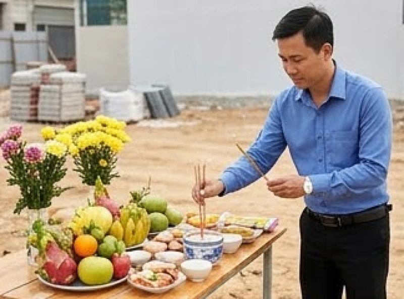 Gia chủ đang thắp hương tại bàn lễ cúng động thổ trên khu đất chuẩn bị thi công