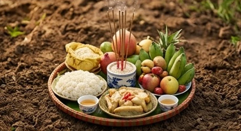Mâm cúng động thổ được chuẩn bị tươm tất trên nền đất trống trước khi khởi công xây nhà