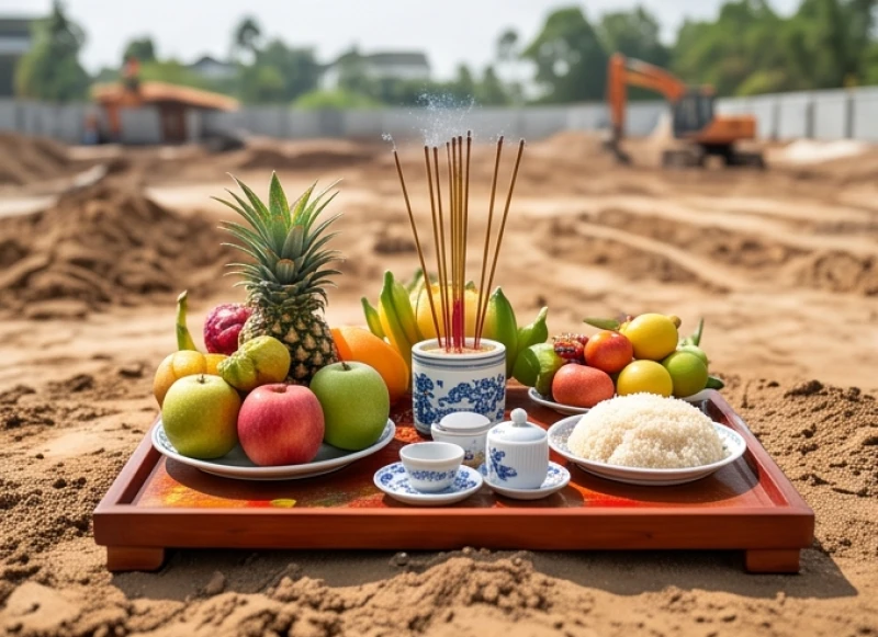 Cách xem tuổi làm nhà: Công thức tính hạn và thủ tục bài bản 9 Mâm cúng động thổ đầy đủ hương hoa trà quả đặt trên nền đất chuẩn bị khởi công