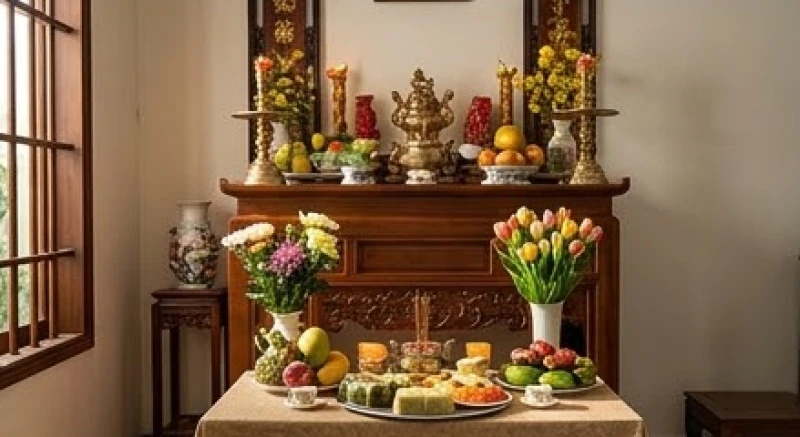 Văn khấn gia tiên mùng 1 Tết: Bài cúng chuẩn và trình tự hạ lễ 5 Mâm cúng và hương hoa được bày biện gọn gàng trên chiếc bàn nhỏ đặt ngay trước ban thờ chính bên trong phòng khách