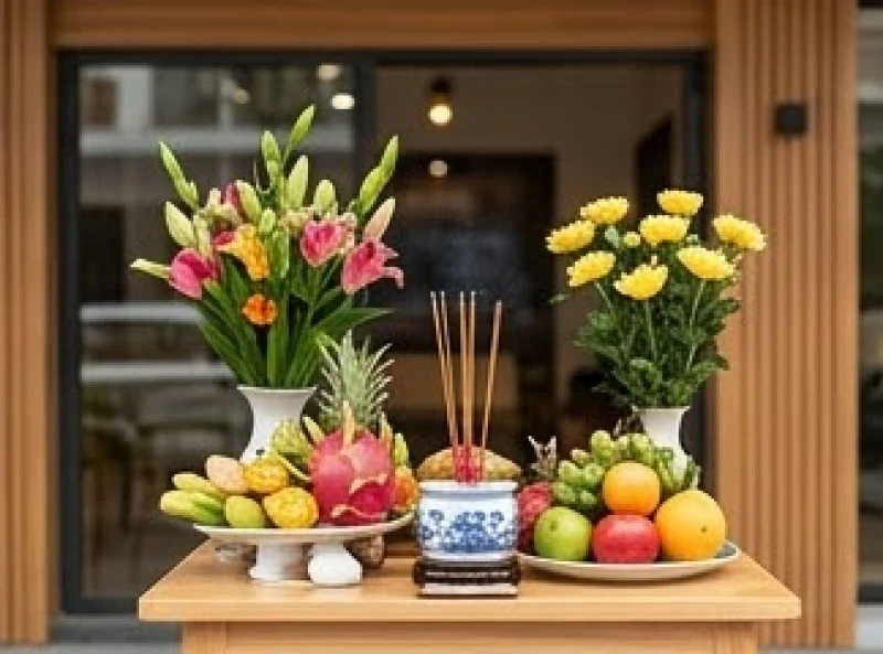 Mâm lễ cúng cầu tài lộc buôn bán được đặt trang nghiêm tại cơ sở kinh doanh