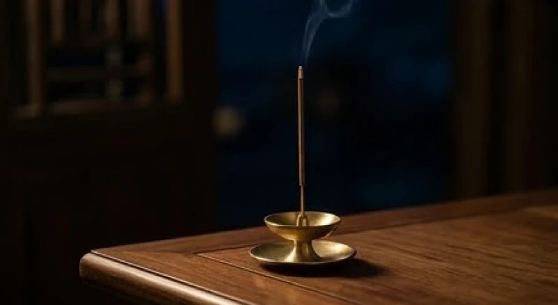 Không gian thanh tịnh với mâm cúng nhỏ và nén nhang đang cháy mờ ảo trên bàn gỗ lúc tĩnh lặng