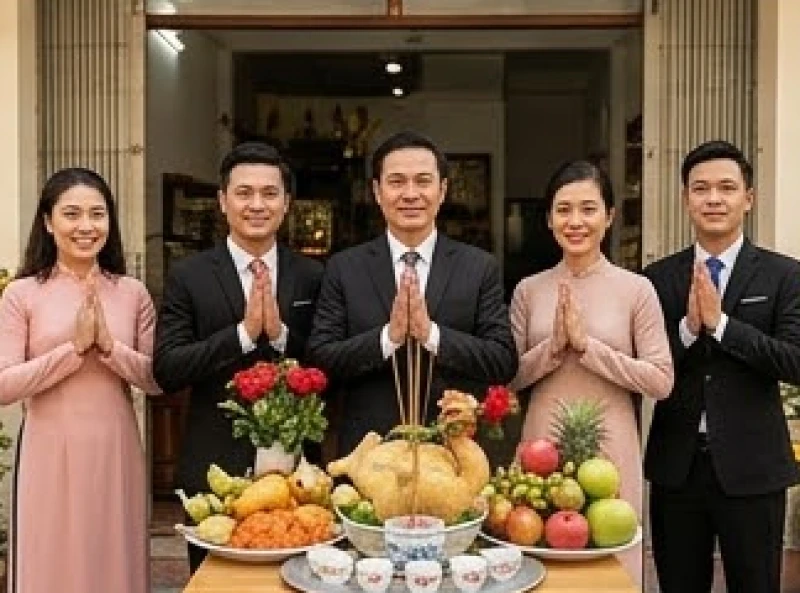 Mọi người đứng trang nghiêm chắp tay vái lạy trước mâm cúng khai trương trong buổi sáng đầu năm