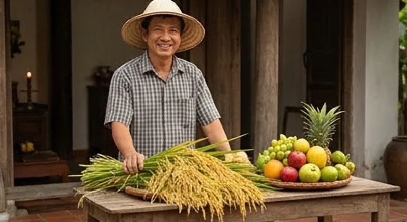 Nông dân gặt lúa và chuẩn bị mâm nông sản tươi mới cho lễ tạ ơn thu hoạch
