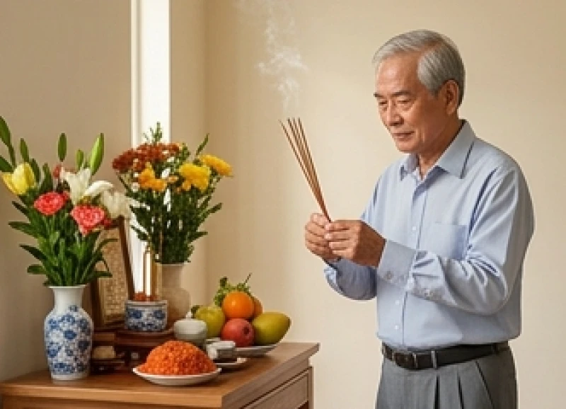 Tuổi Thân Nhập Trạch Ngày Nào Tốt: Lịch Giờ Đẹp & Cách Hóa Giải 7 Người lớn tuổi đang chắp tay dâng hương trước bàn thờ tạm trong nhà mới