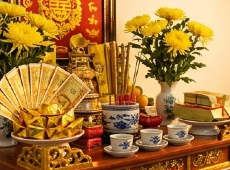 Mâm lễ vật long trọng dâng lên trong ngày vía Thần Tài mùng mười tháng Giêng cầu mong một năm đại phát