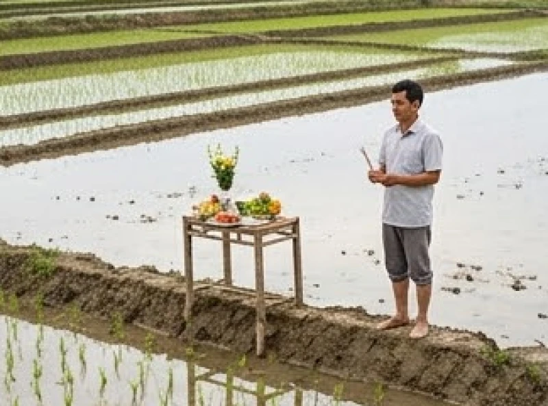 Nông dân thực hiện nghi thức cúng bờ ruộng trước khi gieo cấy lúa đầu vụ mùa mới