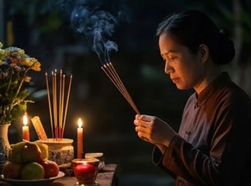 Sao Hạn Tuổi Thìn Năm 2026: Chi Tiết Mâm Cúng Và Văn Khấn 10 Gia chủ thành kính dâng hương giải hạn trước mâm lễ nhỏ đặt ngoài sân vào buổi tối đầu năm