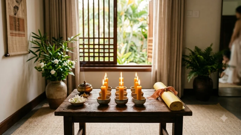 Chín ngọn nến được thắp sáng rực rỡ trên bàn lễ cúng sao La Hầu cho gia chủ tuổi Thìn
