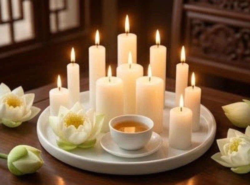 Mâm lễ cúng sao Thái Bạch gồm 8 ngọn nến trắng, hoa cúc trắng và trà trên bàn thờ hướng Tây