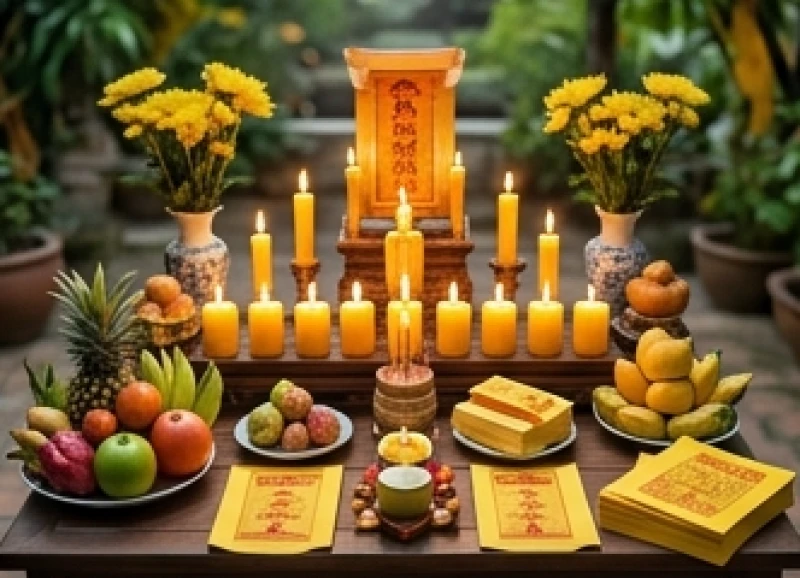 Tử vi tuổi Quý Mùi 2003 năm 2027: Lịch tháng và cách cúng sao 5 Mâm lễ cúng sao Thái Dương với 12 ngọn nến được sắp xếp cẩn thận trên bàn thờ
