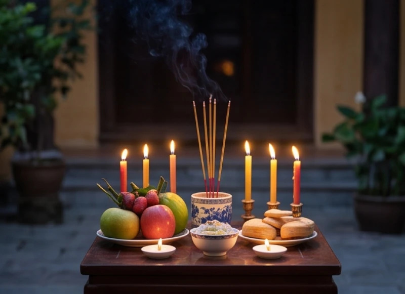 Bài trí mâm cúng sao Thổ Tú với 5 ngọn đèn cầy trang nghiêm dâng lên tinh quân