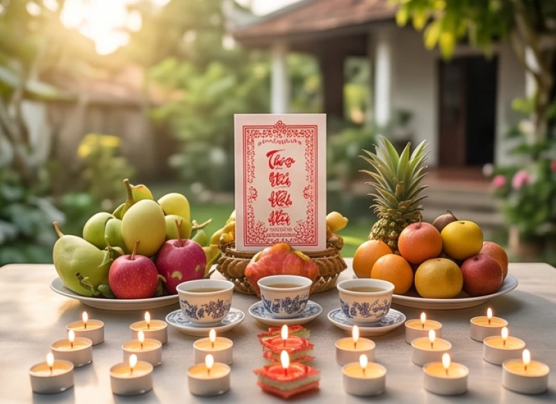 Bàn cúng sao Vân Hớn hướng chính Nam vào buổi sáng với 15 ngọn nến và bài vị màu đỏ sậm