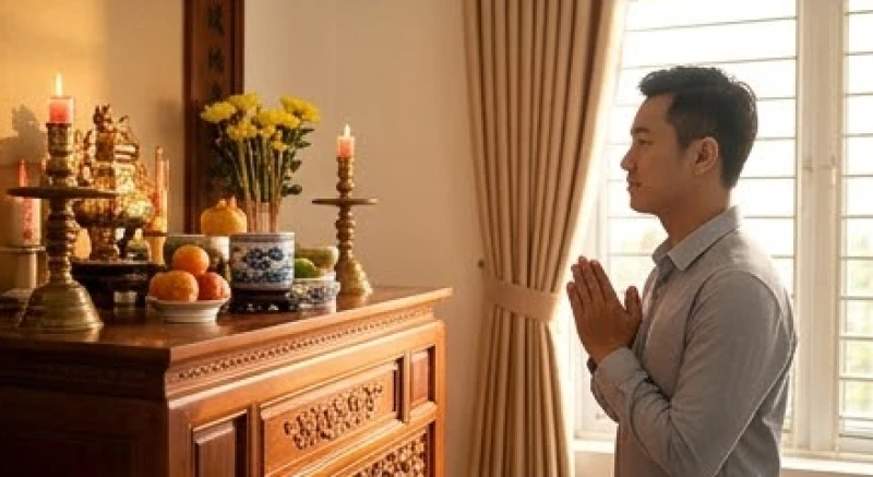 Một thanh niên chắp tay thành kính tạ ơn tổ tiên sau khi đạt được thành tích học tập và công việc xuất sắc