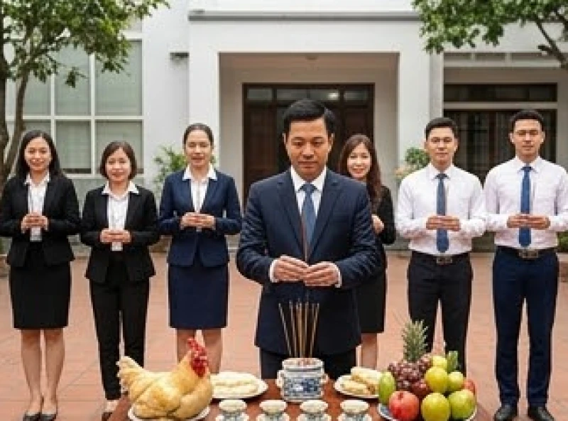 Đại diện công ty mặc trang phục công sở đang thắp hương trước bàn lễ tất niên tại sảnh văn phòng