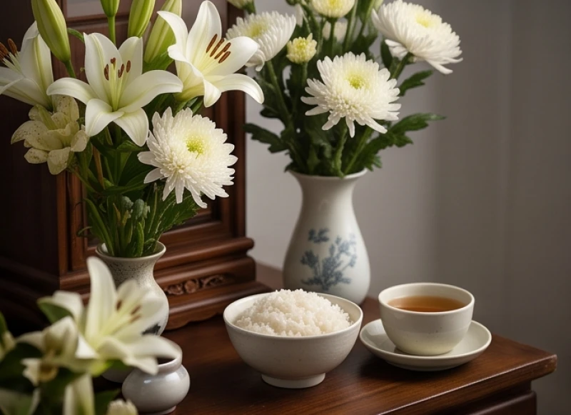 Bàn thờ vong được chuẩn bị tươm tất trong lễ cúng thất cho người mới mất