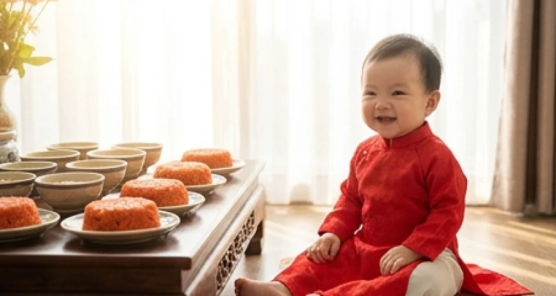 Bé mặc áo dài truyền thống vui vẻ ngồi bên cạnh mâm cúng thôi nôi trang trọng